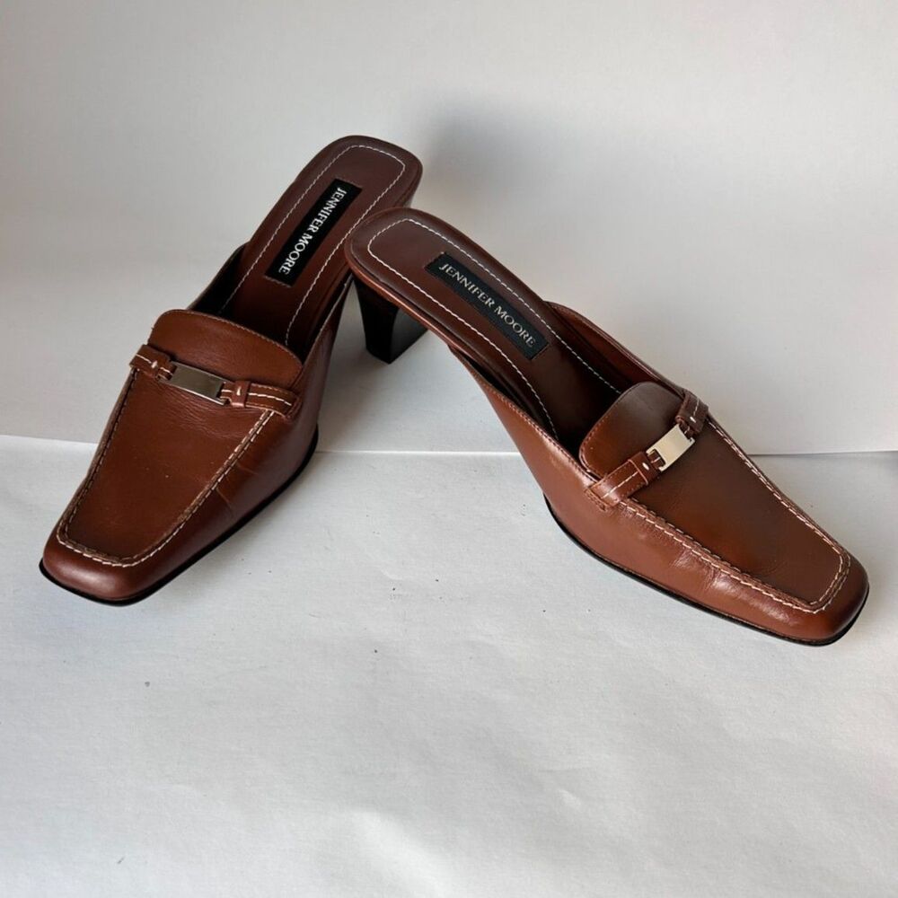 Vintage JENNIFER MOORE Brown Leather Square Toe Loafer Style Kitten Heel Mules
